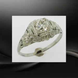 18K White Gold Old Mine Cut Diamond (~.64 center) Filigree Ring Size 7 Preowned