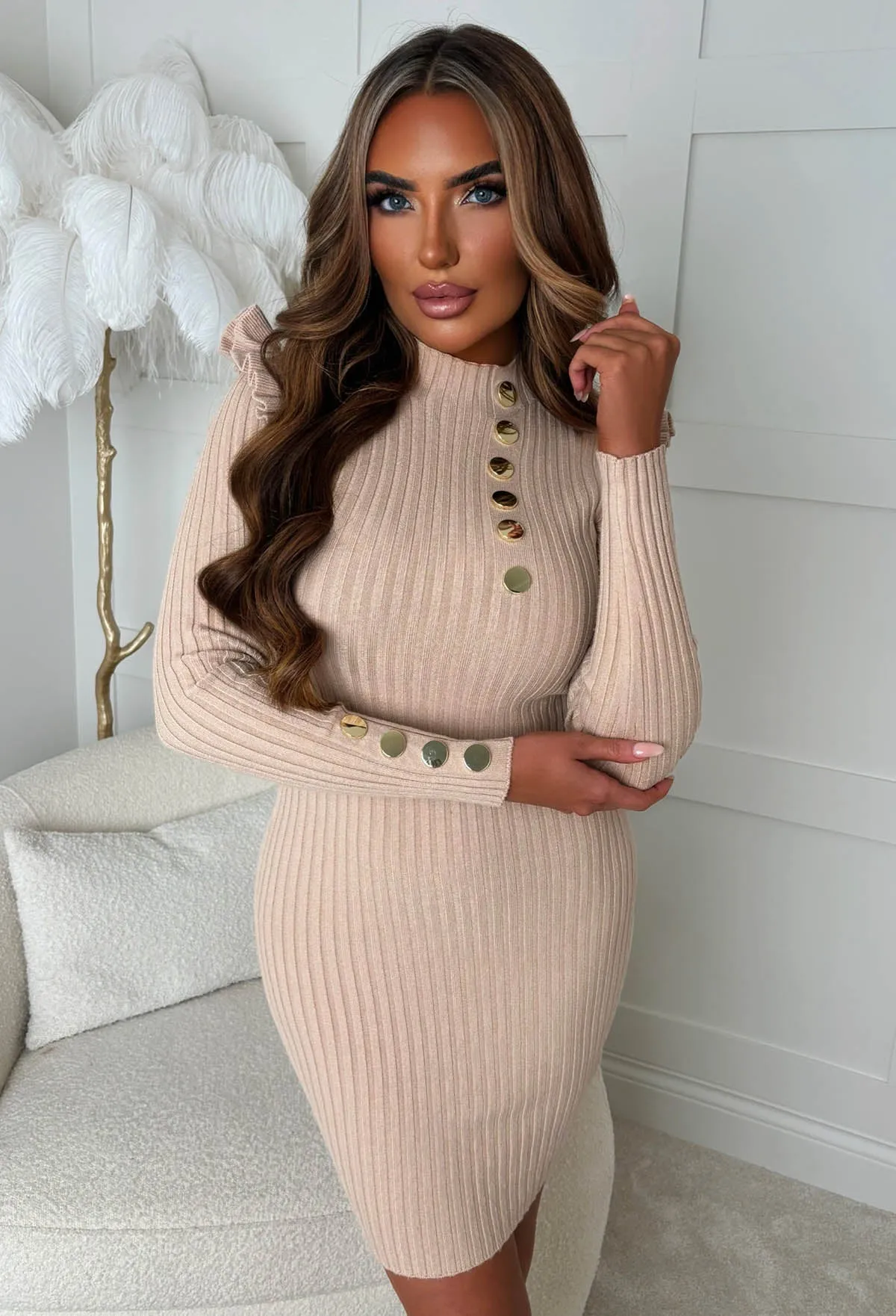 Always Couture Nude Button Detail Frill Shoulder Ribbed Knitted Dress