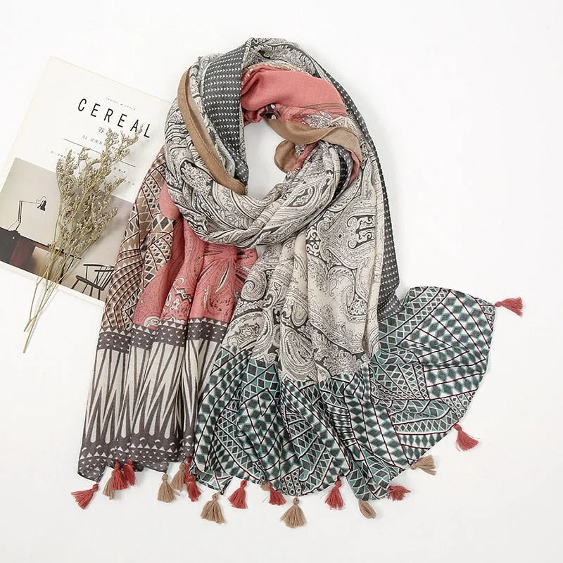 Aztec Floral Tassel Viscose Muslim Hijab Scarf