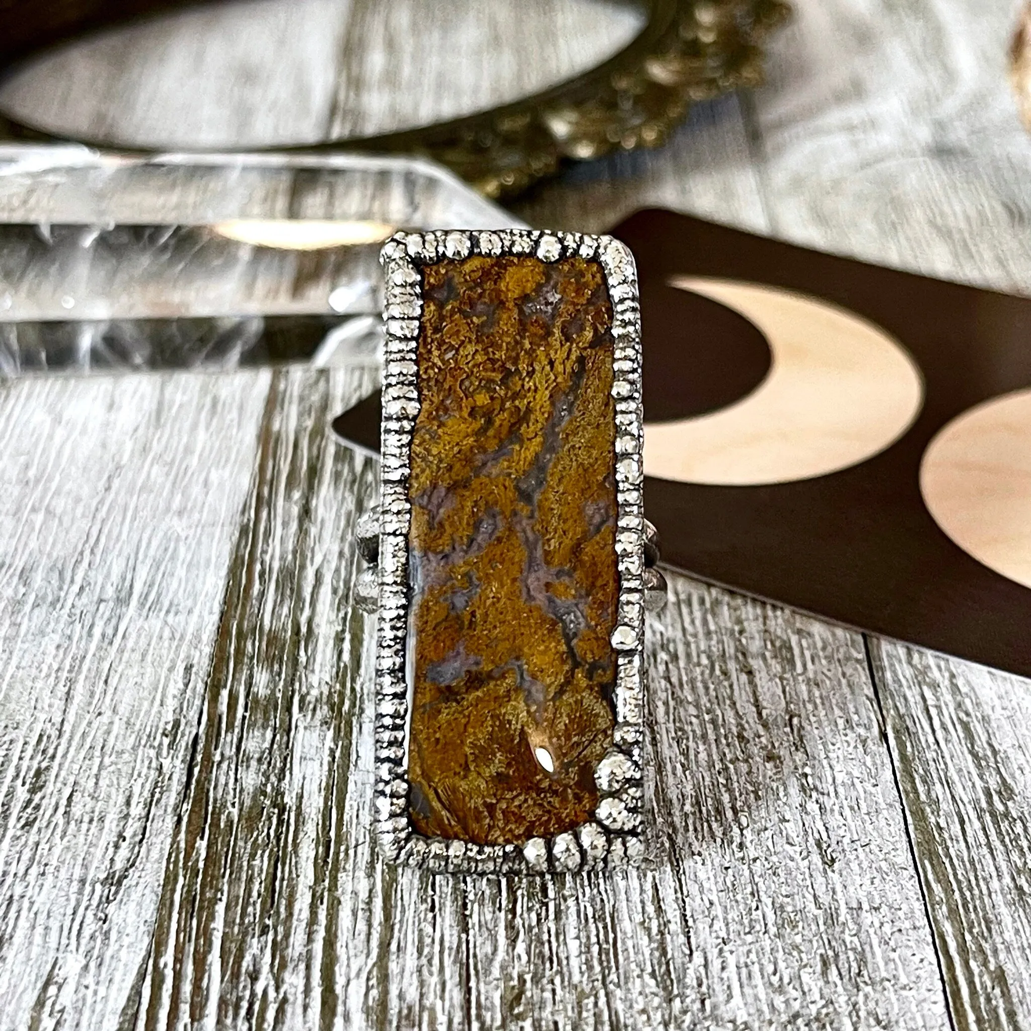 Big Size 8 Silver Natural Fancy Moss Agate Crystal Statement Ring / Foxlark Collection - One of a Kind