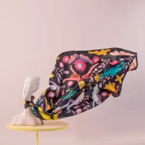 Deep Grey and Multi-Color Chasing Stories Silk Neckerchief by Dora Nola