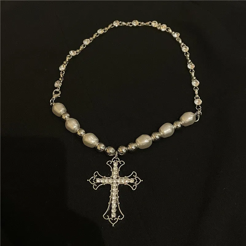 H3LL NO retro pearl necklace punk simple European and American sweet Cross Pendant clavicle chain