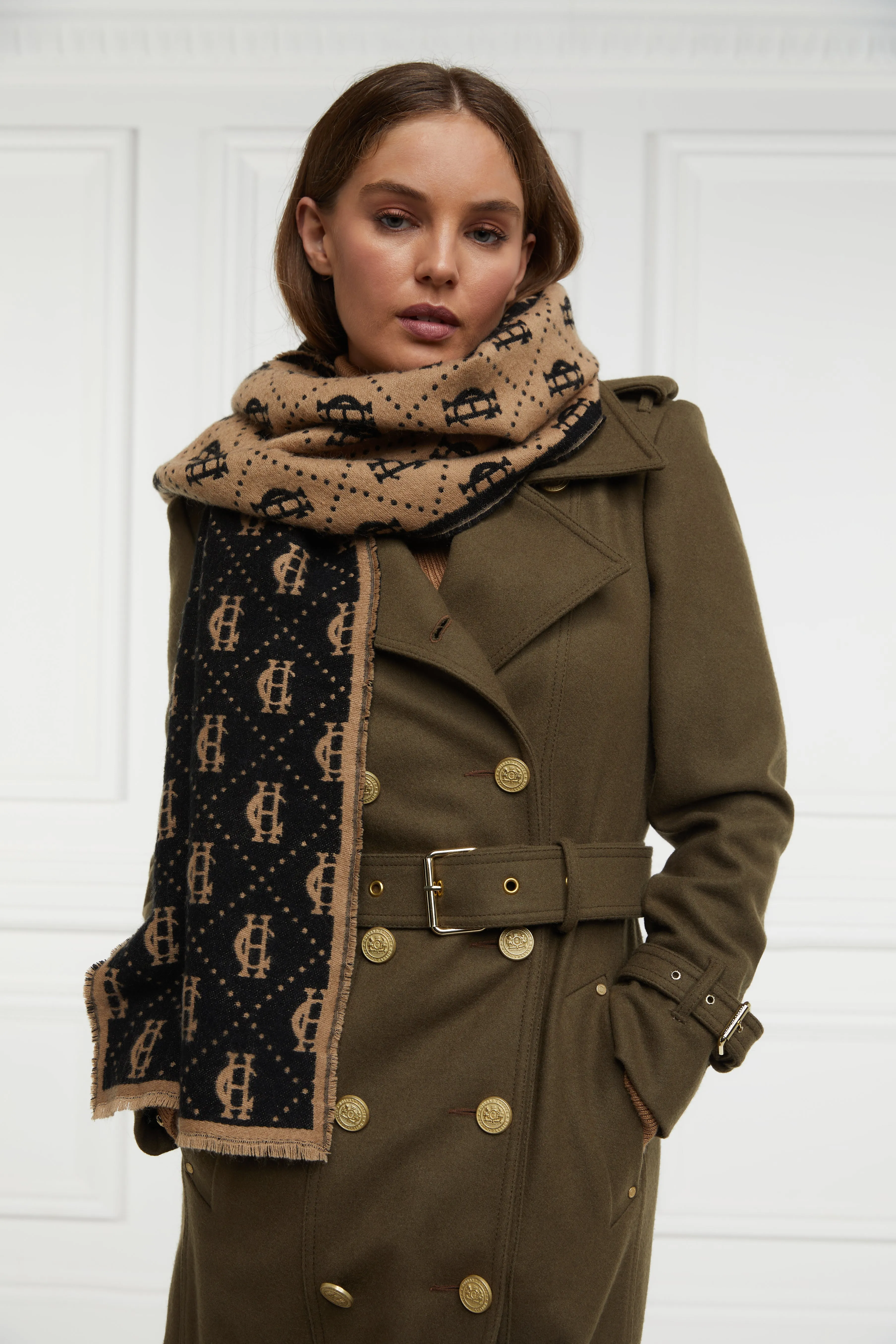 Holland Cooper Lightweight Monogram Scarf in Tan Black