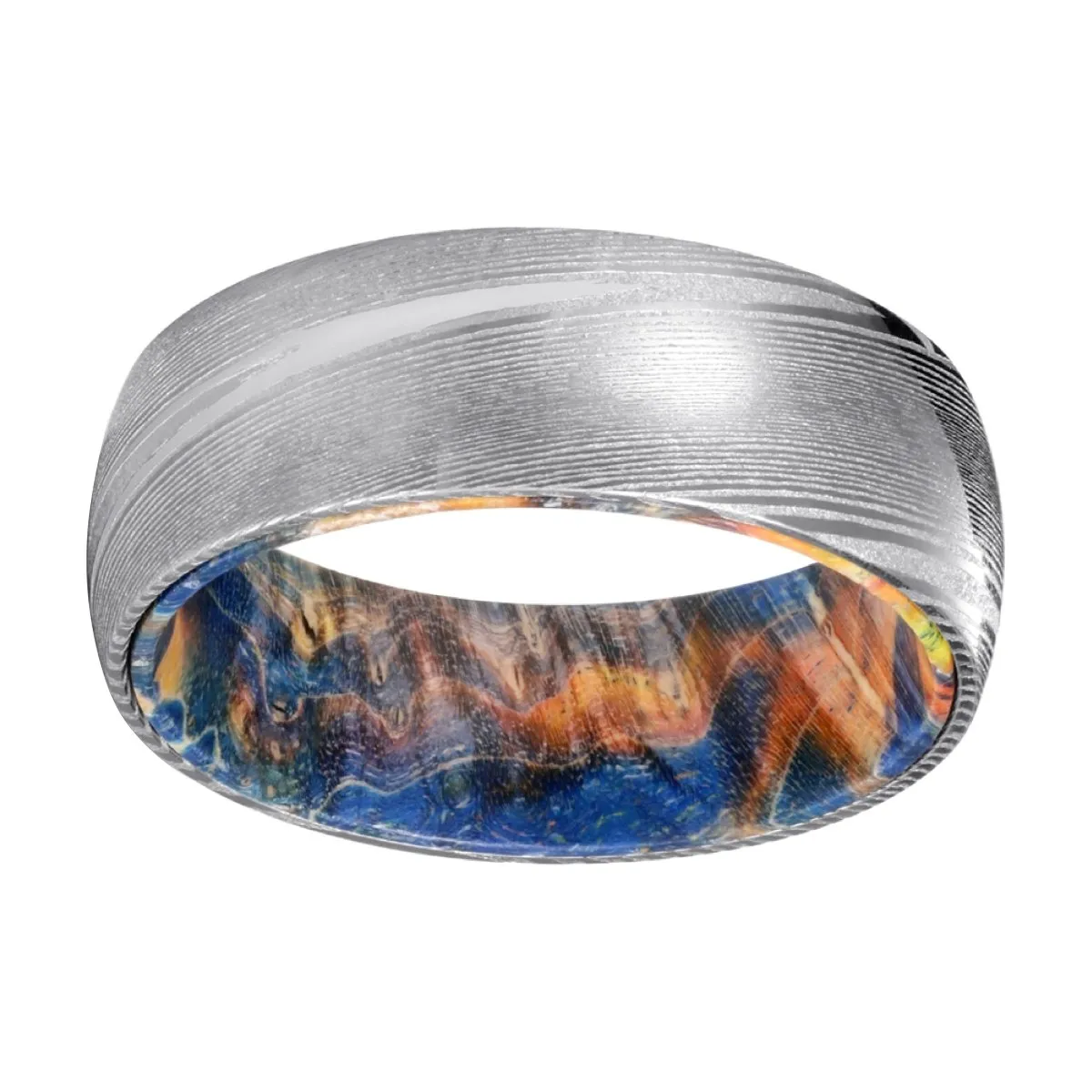 HYDE | Blue & Yellow/Orange Wood, Silver Damascus Steel, Domed