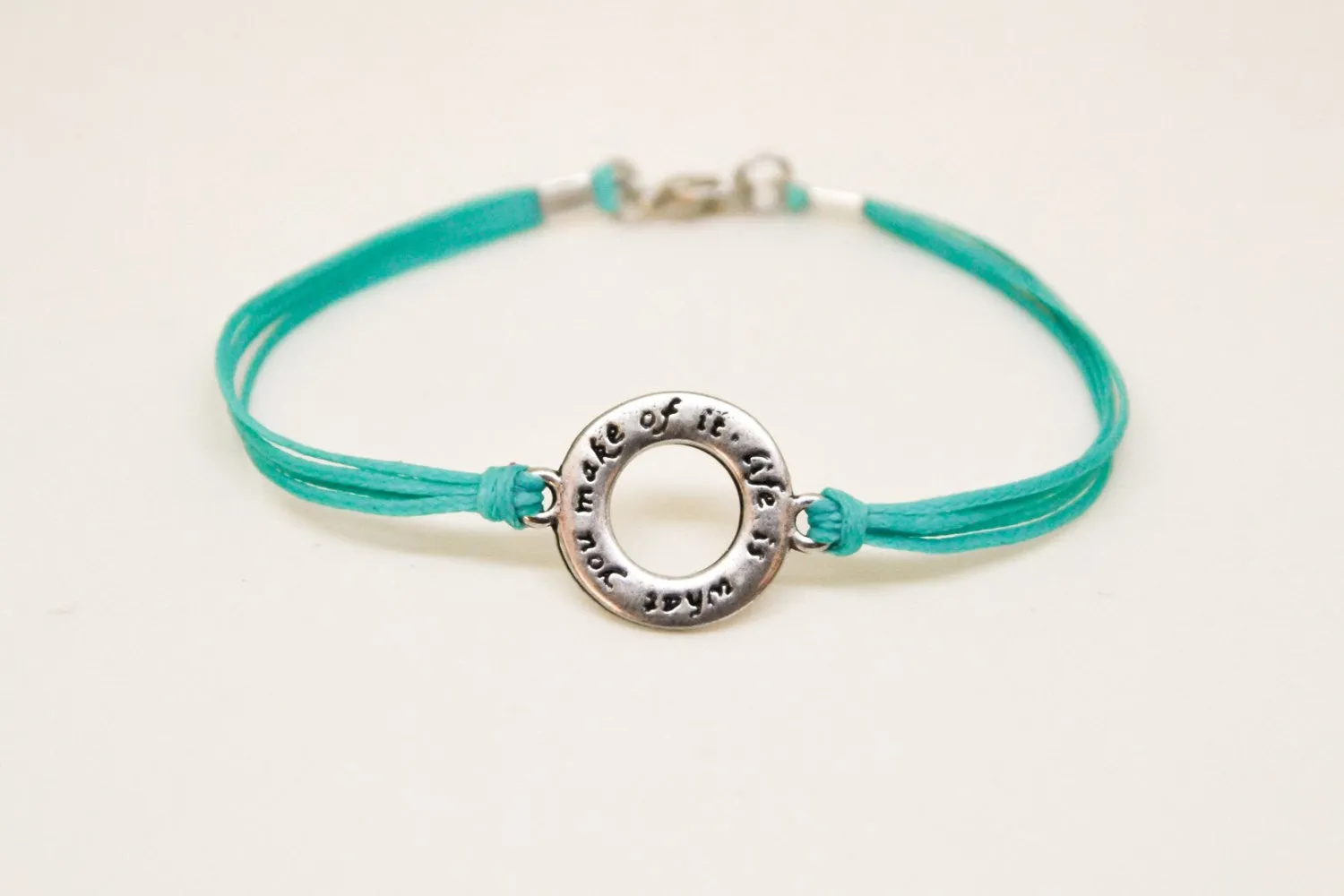 Life is what you make of it bracelet for men, turquoise cord, silver circle, gift for him