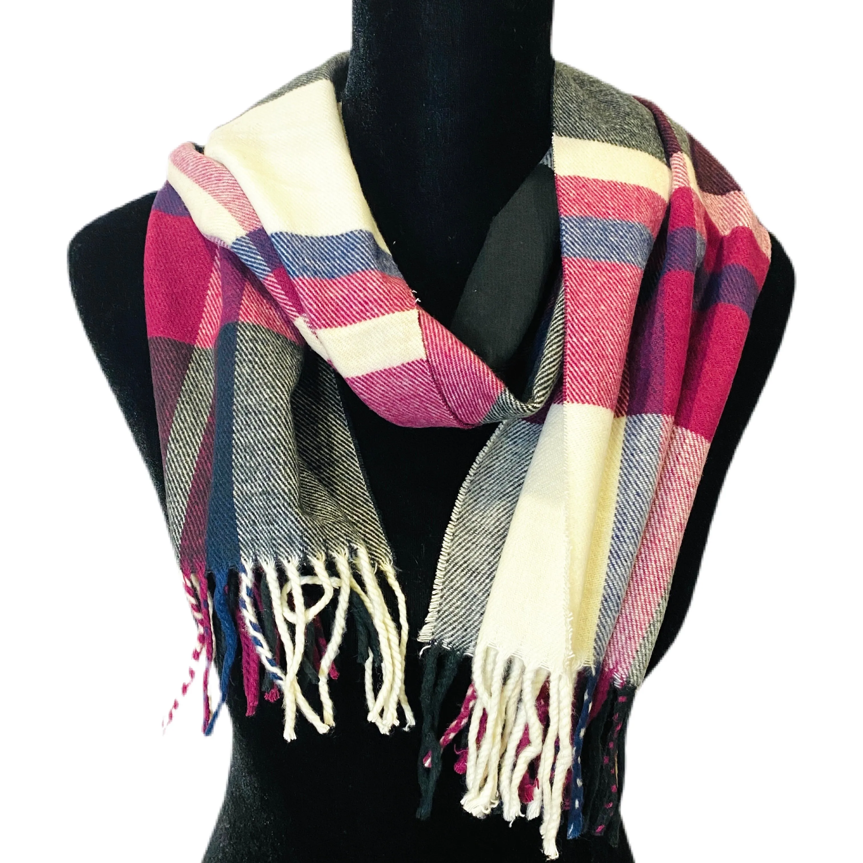 Magenta Plaid Fringe Scarf