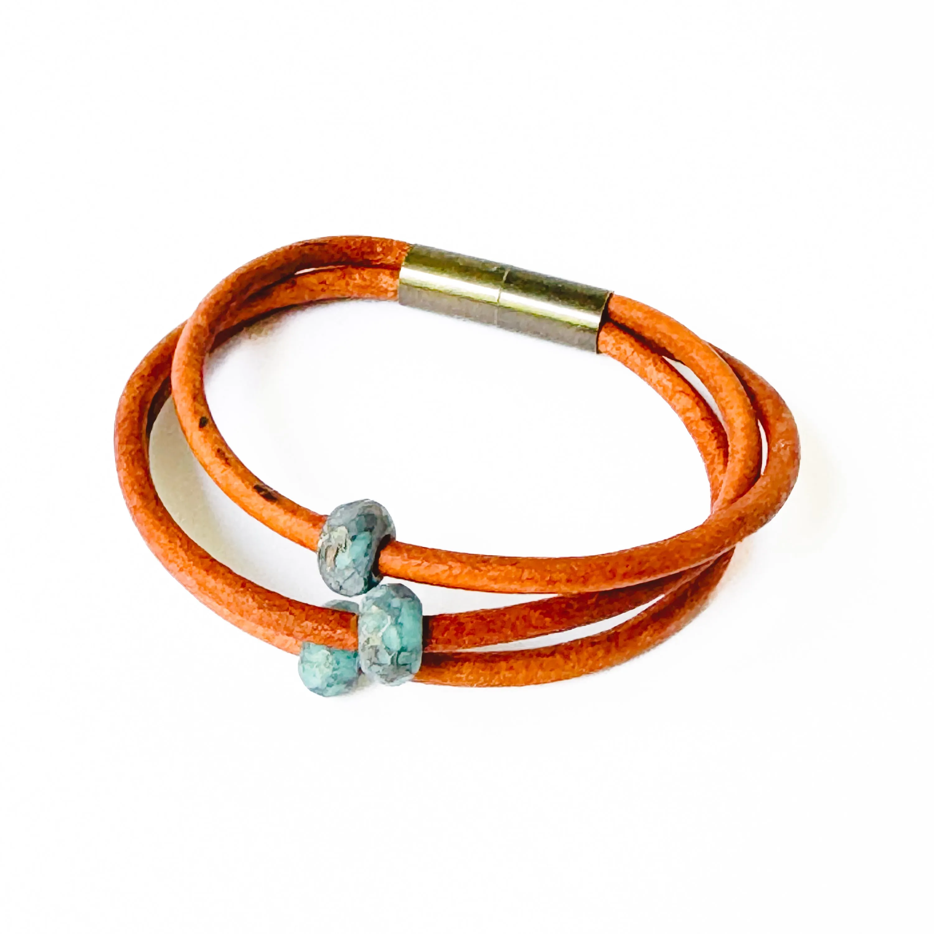 Natural Brown Leather Cord  Bracelet With Turquoise Beads