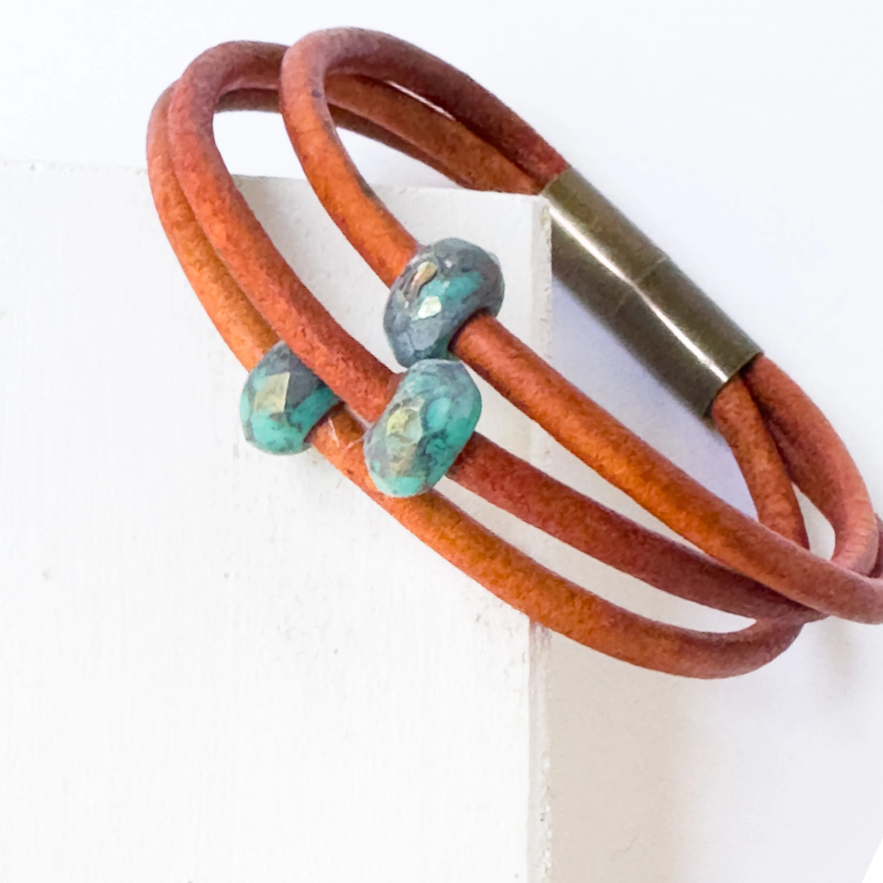 Natural Brown Leather Cord  Bracelet With Turquoise Beads