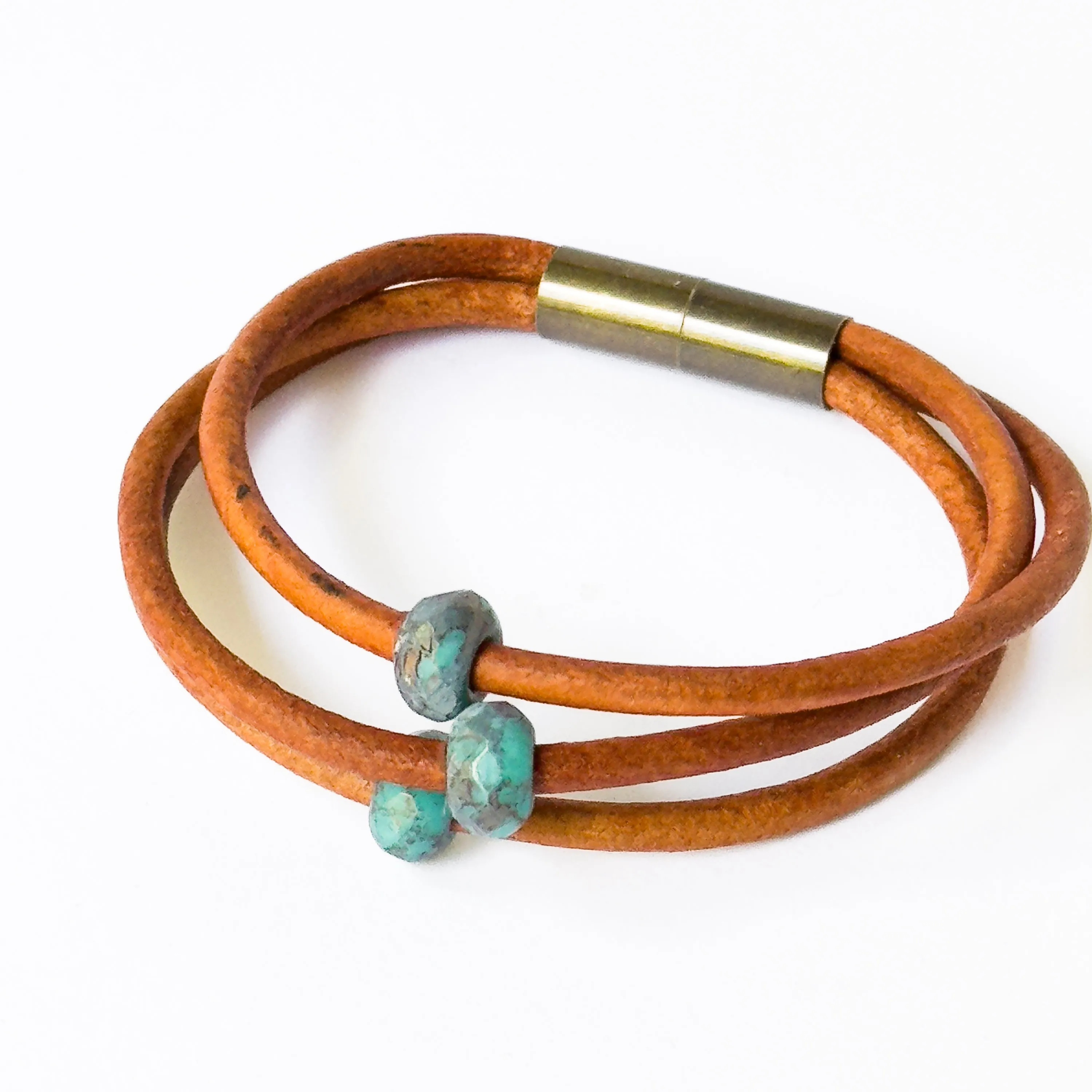 Natural Brown Leather Cord  Bracelet With Turquoise Beads