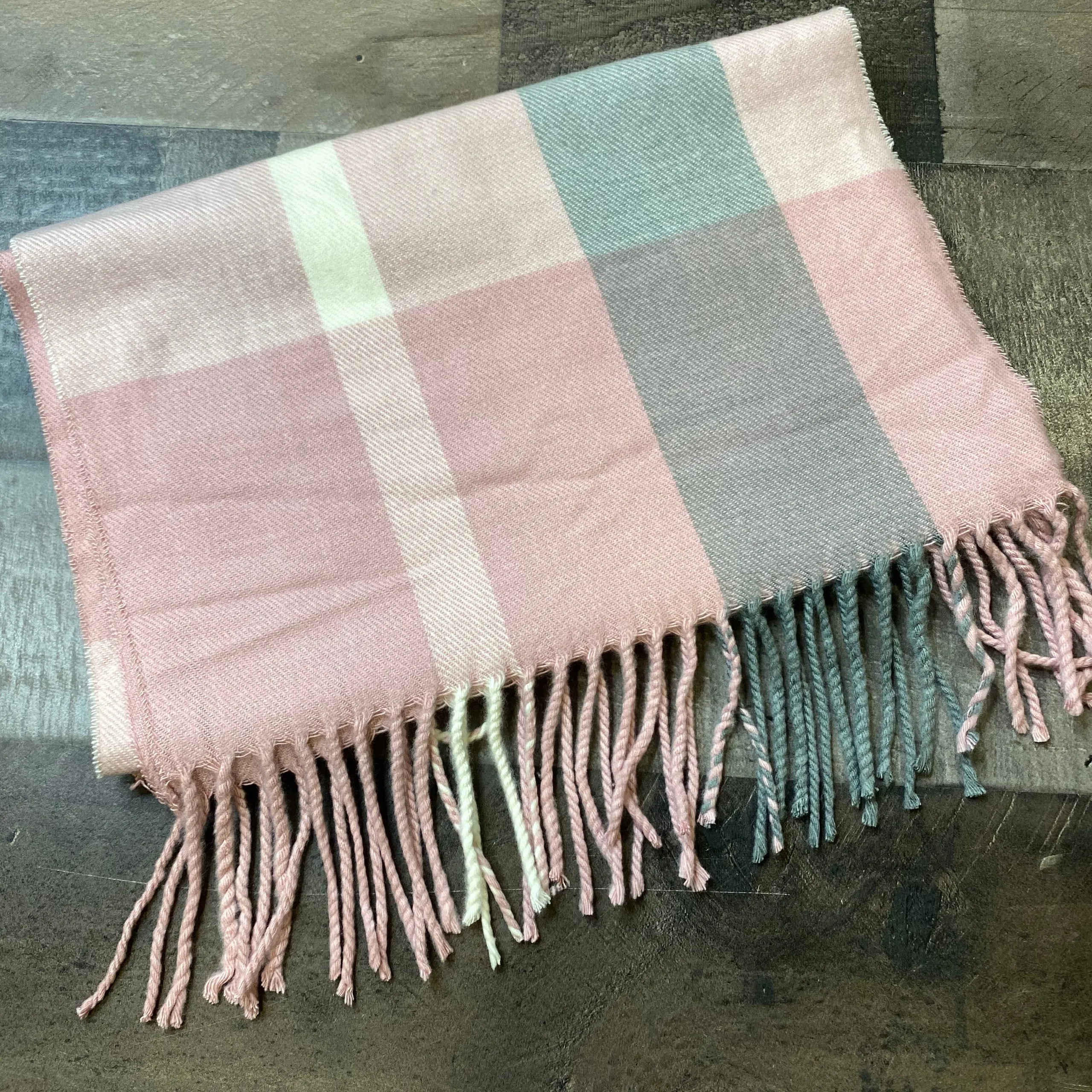 Pink Plaid Fringe Scarf