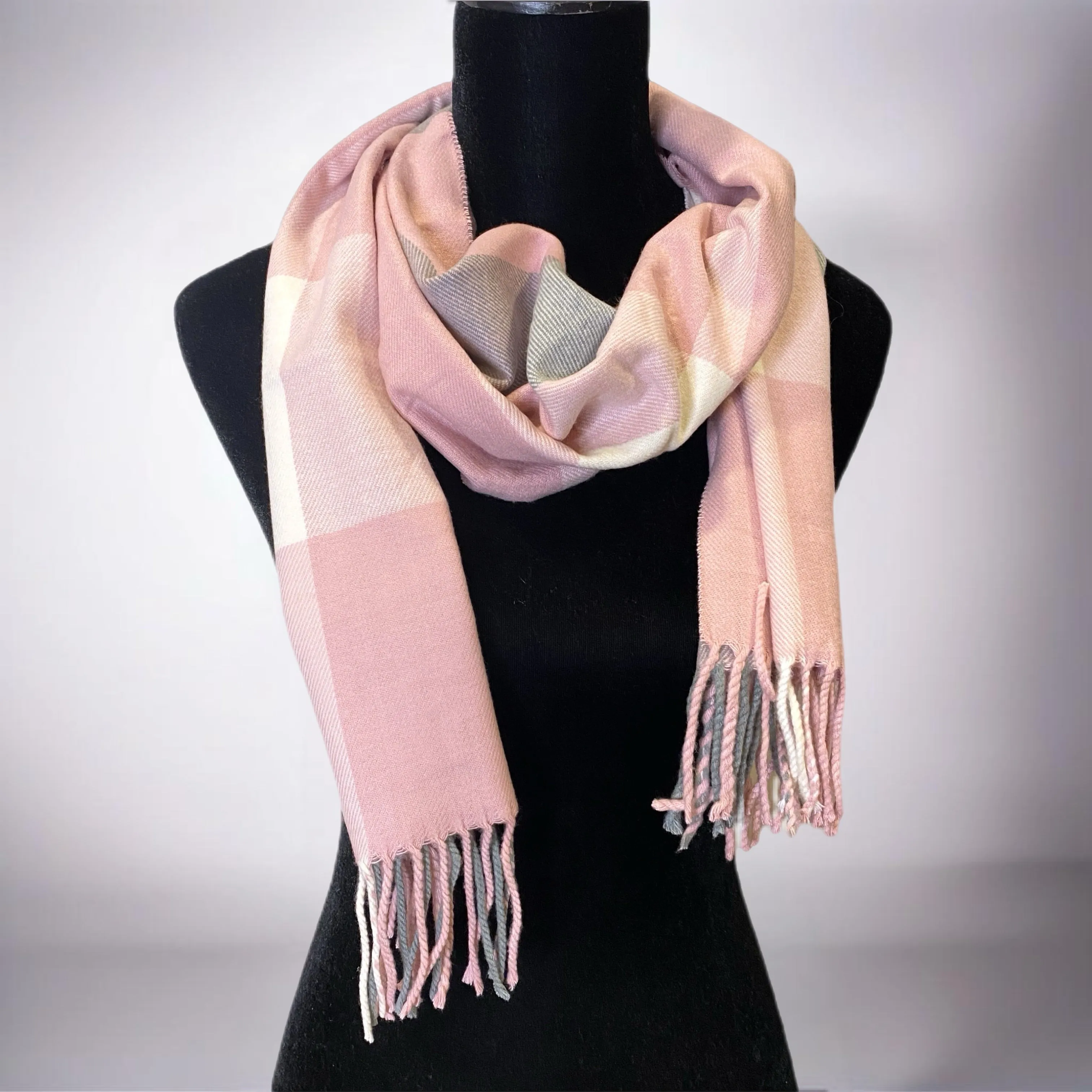 Pink Plaid Fringe Scarf