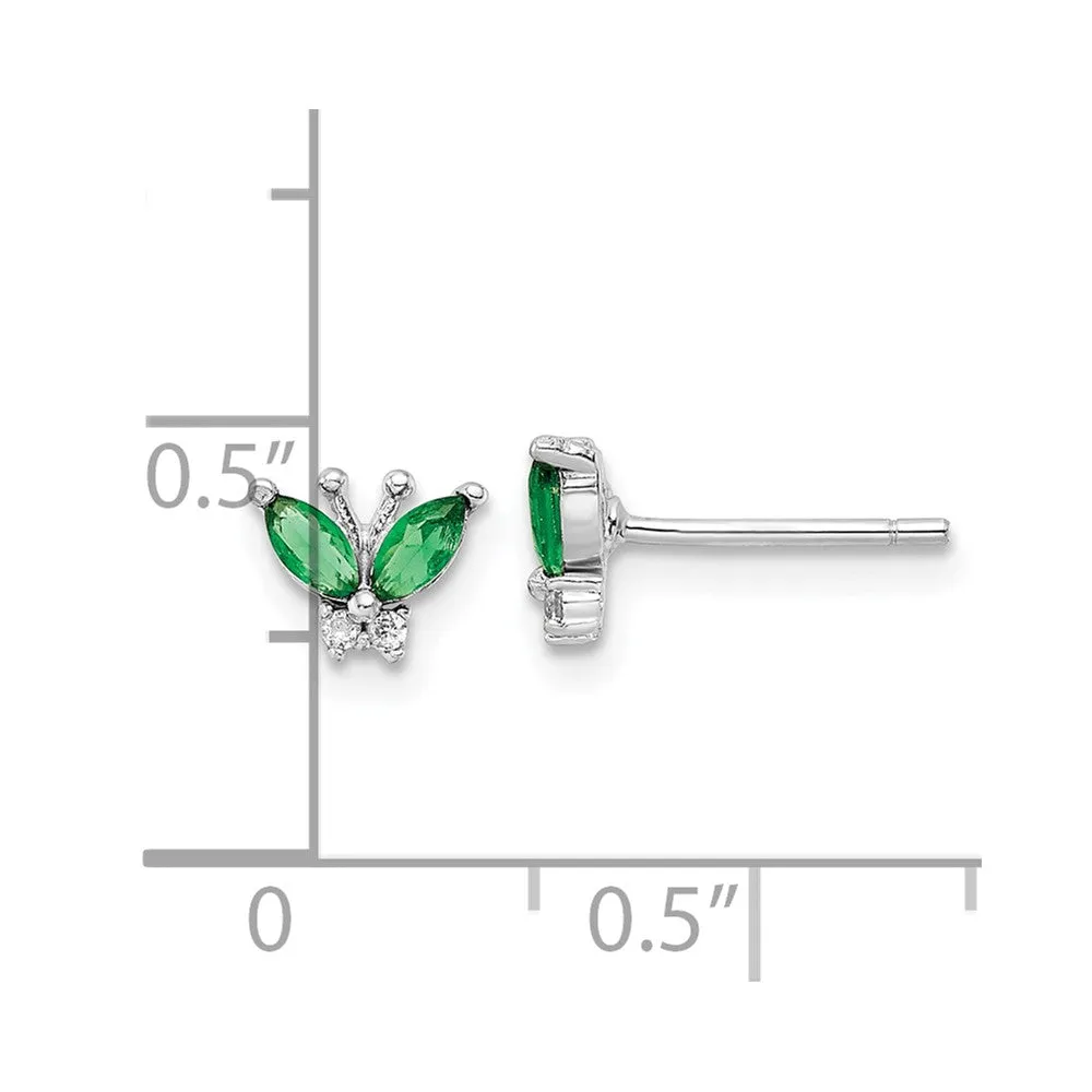 Rhodium-plated Sterling Silver Green & White CZ Butterfly Post Earrings