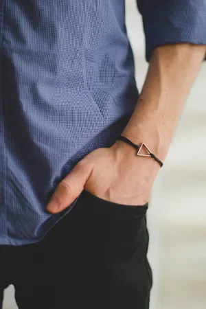 Silver triangle bracelet for men, mens bracelet with a black cord