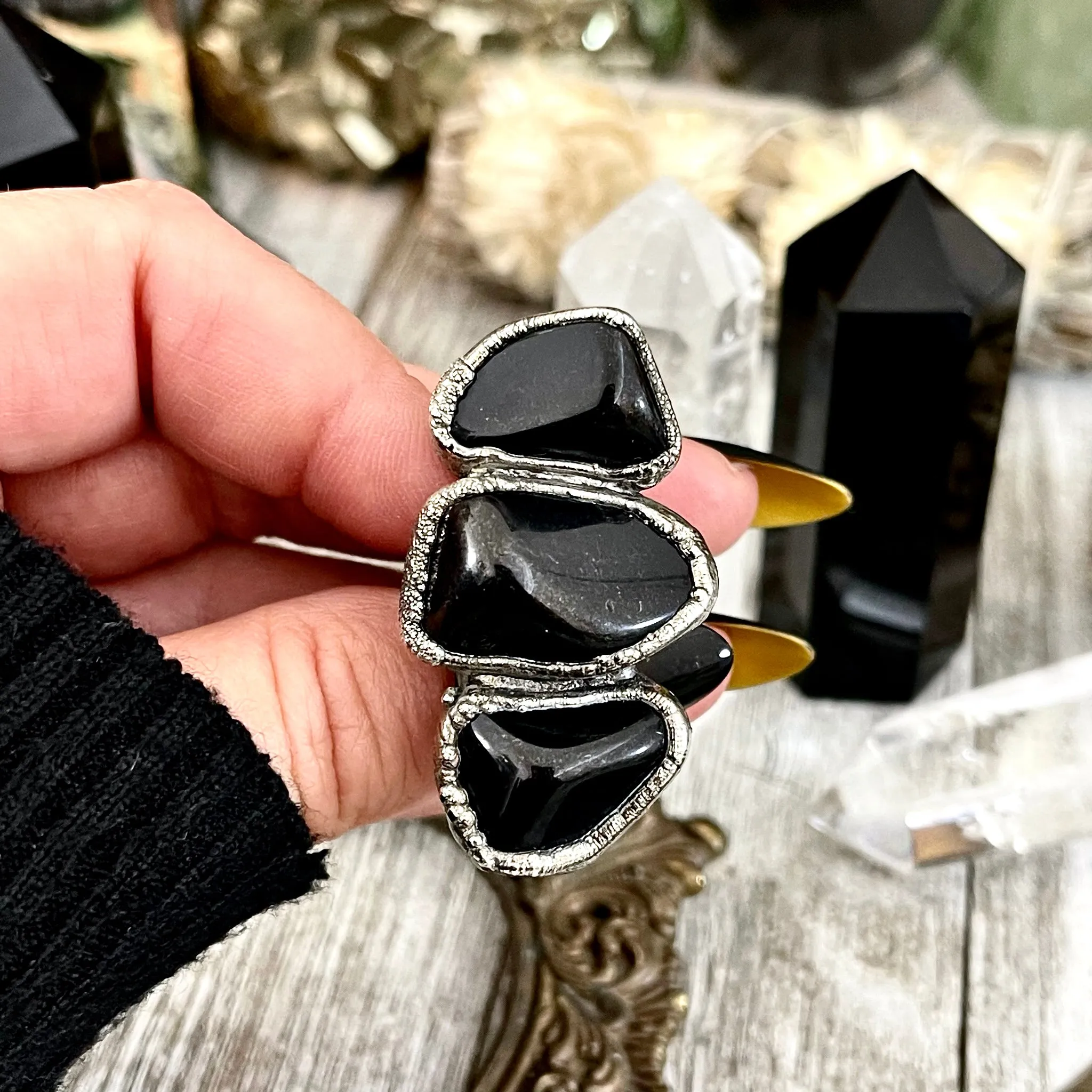 Size 10 Crystal Ring - Three Stone Black Onyx Ring in Silver / Foxlark Collection - One of a Kind