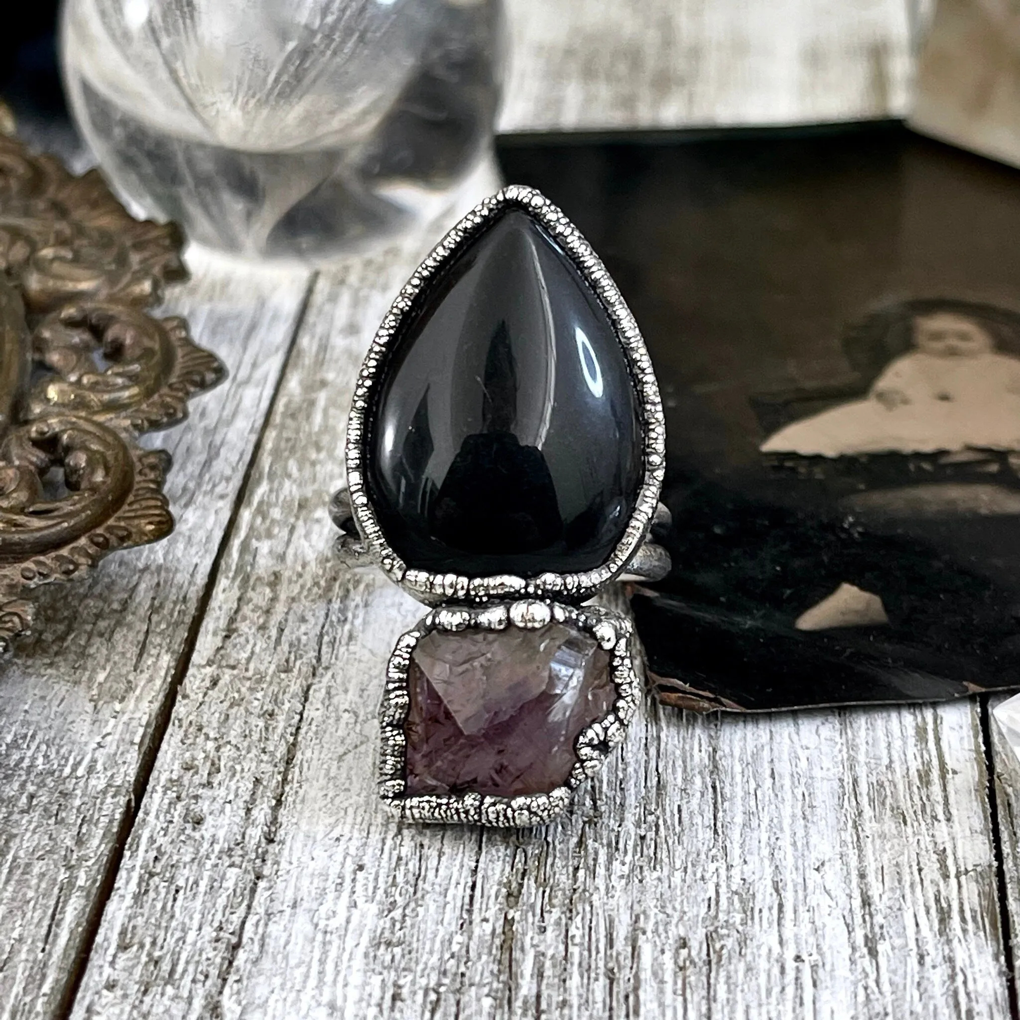 Size 8.5 Two Stone Ring- Black Onyx Purple Raw Amethyst Crystal Ring Fine Silver / Foxlark Collection - One of a Kind