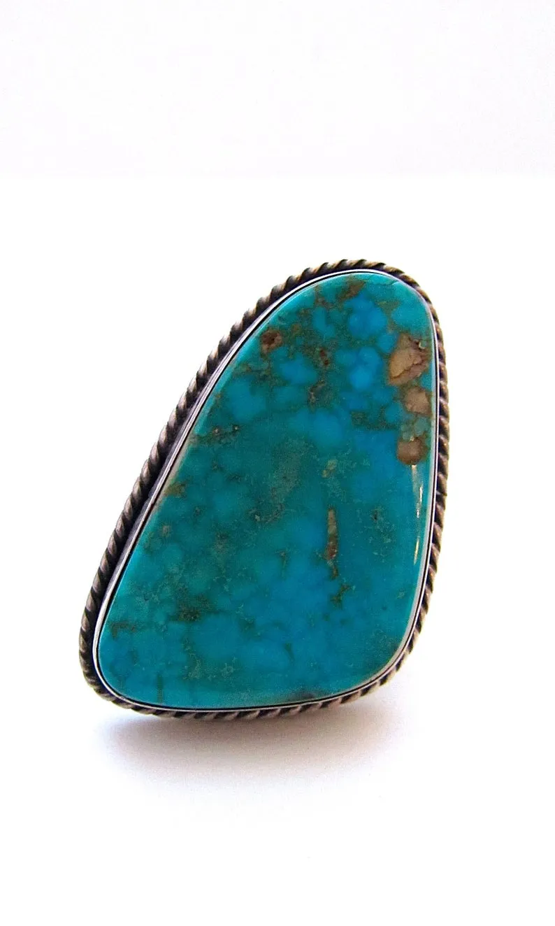 SUPER SIZE ME 1970s Large Statement Navajo Silver and Turquoise Ring, Sz 10 1/2