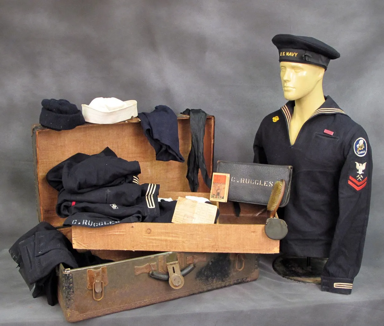 U.S. WWII Navy Seabee Uniform Set & Original Foot Locker